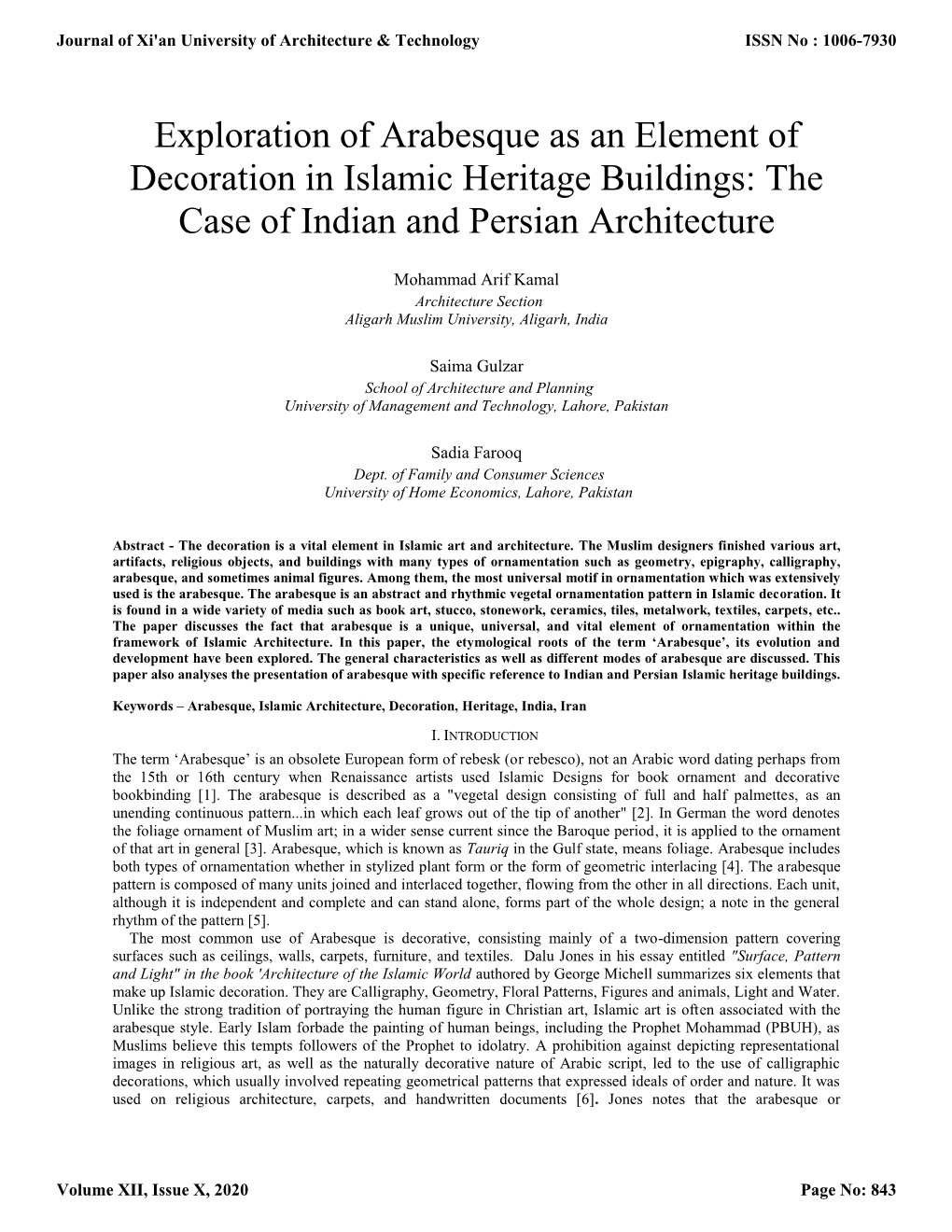 Exploration of Arabesque As an Element of Decoration in Islamic Heritage Buildings: the Case of Indian and Persian Architecture