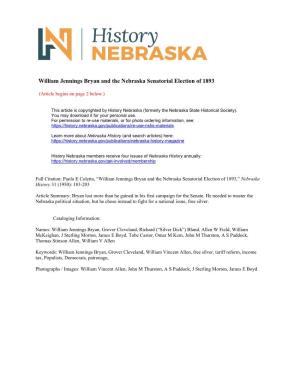 William Jennings Bryan and the Nebraska Senatorial Election of 1893