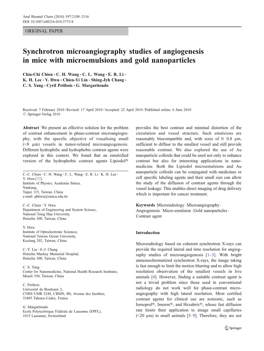 Synchrotron Microangiography Studies of Angiogenesis in Mice with Microemulsions and Gold Nanoparticles