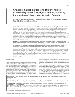 Changes in Zooplankton and the Phenology of the Spiny Water Flea, Bythotrephes, Following Its Invasion of Harp Lake, Ontario, Canada