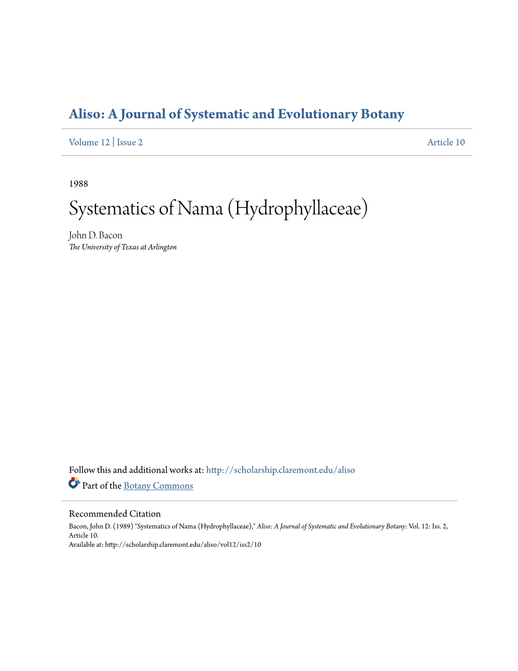 Systematics of Nama (Hydrophyllaceae) John D