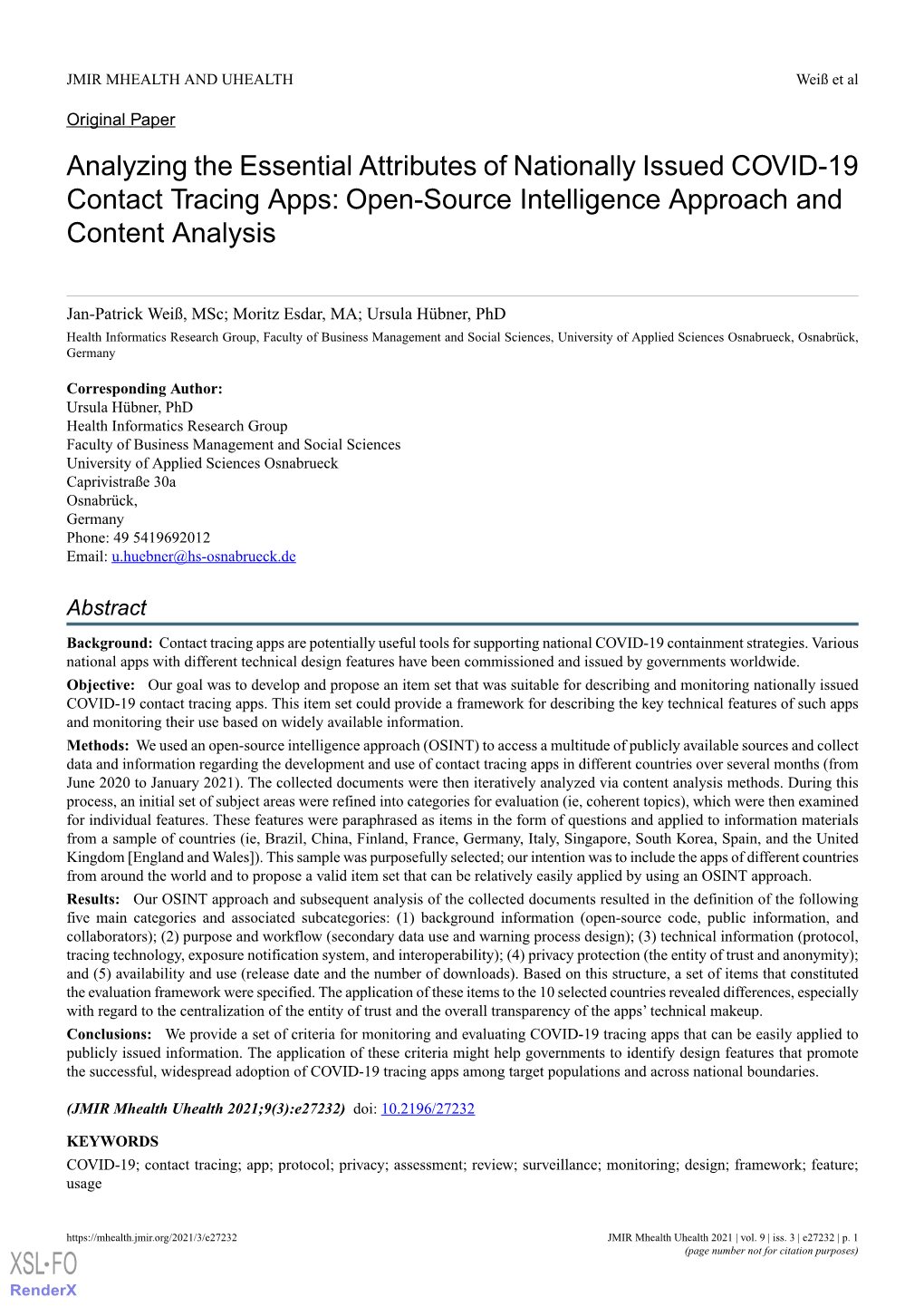 Analyzing the Essential Attributes of Nationally Issued COVID-19 Contact Tracing Apps: Open-Source Intelligence Approach and Content Analysis