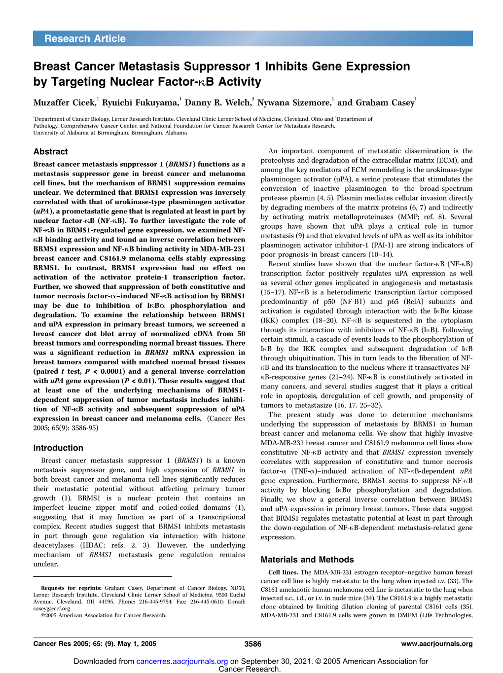 Breast Cancer Metastasis Suppressor 1 Inhibits Gene Expression by Targeting Nuclear Factor-KB Activity