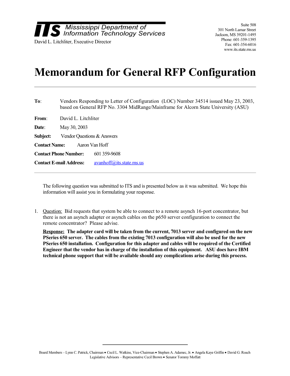 Memorandum for General RFP Configuration s3