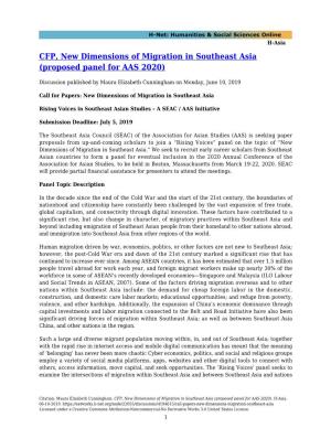CFP, New Dimensions of Migration in Southeast Asia (Proposed Panel for AAS 2020)