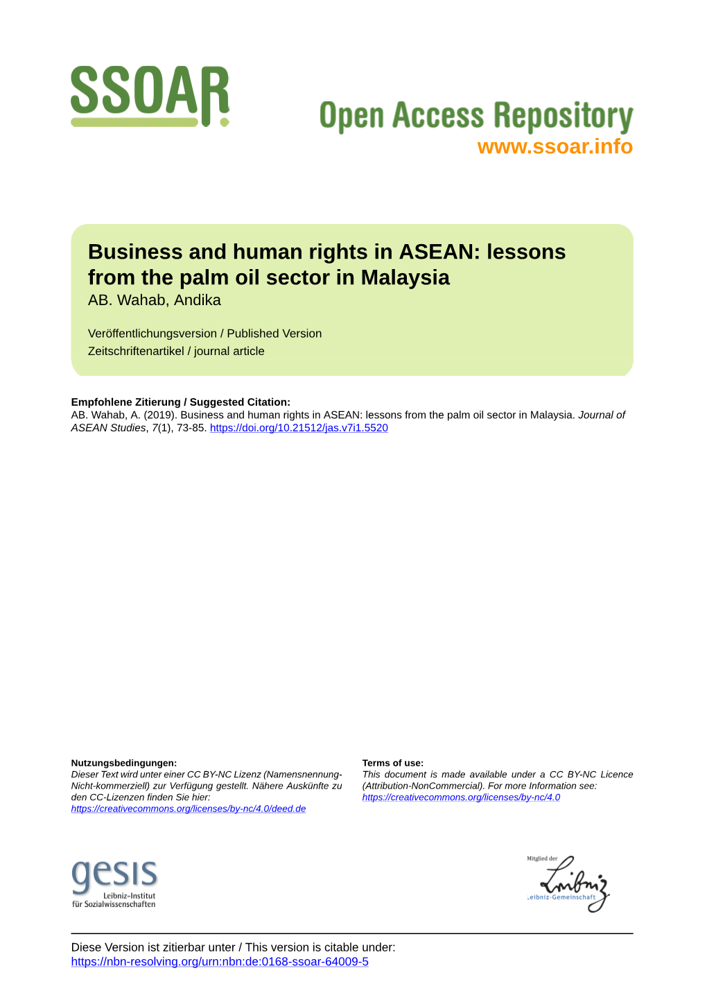 Business and Human Rights in ASEAN: Lessons from the Palm Oil Sector in Malaysia AB