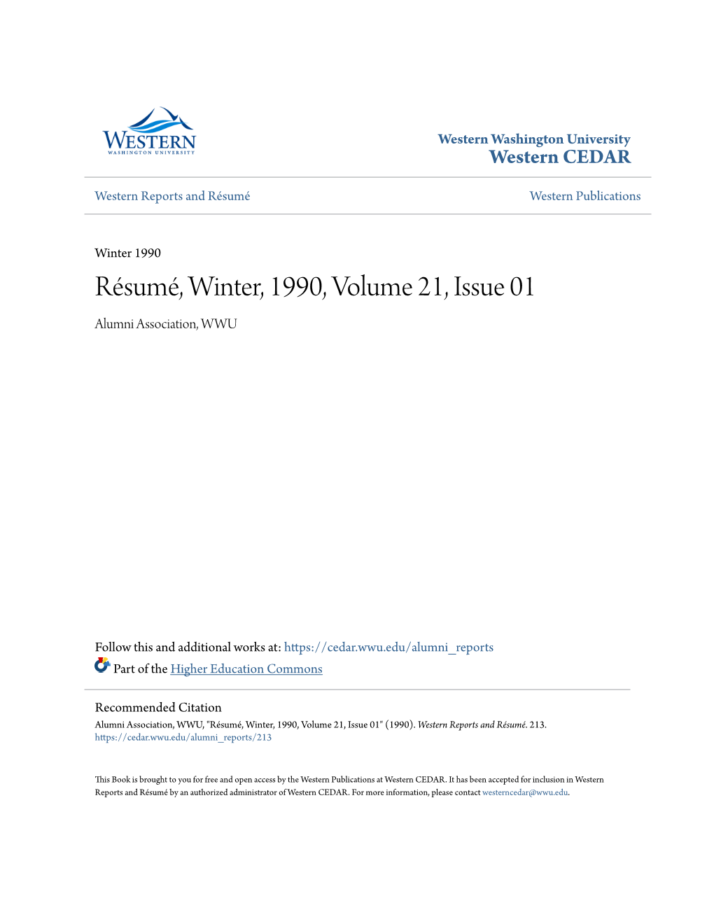 Résumé, Winter, 1990, Volume 21, Issue 01 Alumni Association, WWU