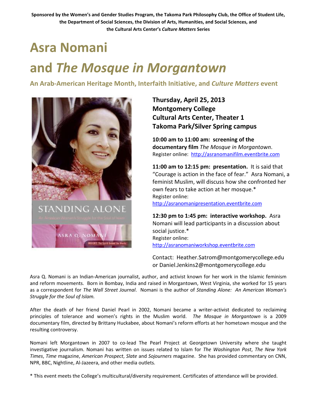 Asra Nomani and the Mosque in Morgantown an Arab-American Heritage Month, Interfaith Initiative, and Culture Matters Event