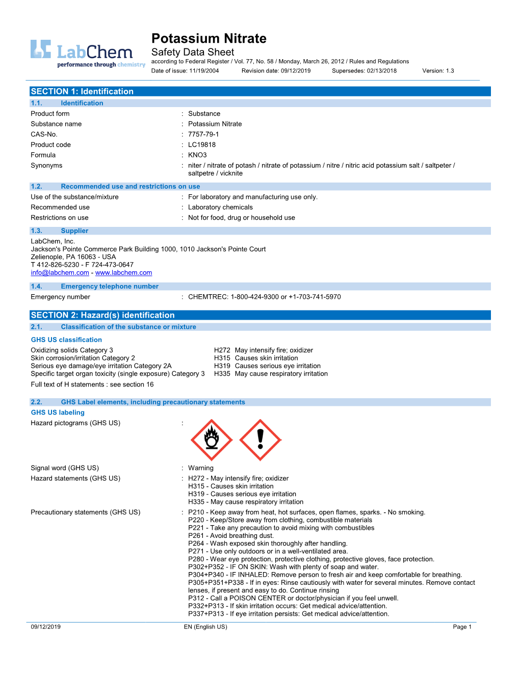 Potassium Nitrate Safety Data Sheet According to Federal Register / Vol