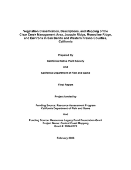 Vegetation Classification, Descriptions, and Mapping of The