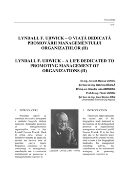 Lyndall F. Urwick – O Viață Dedicată Promovării Managementului Organizațiilor (Ii)