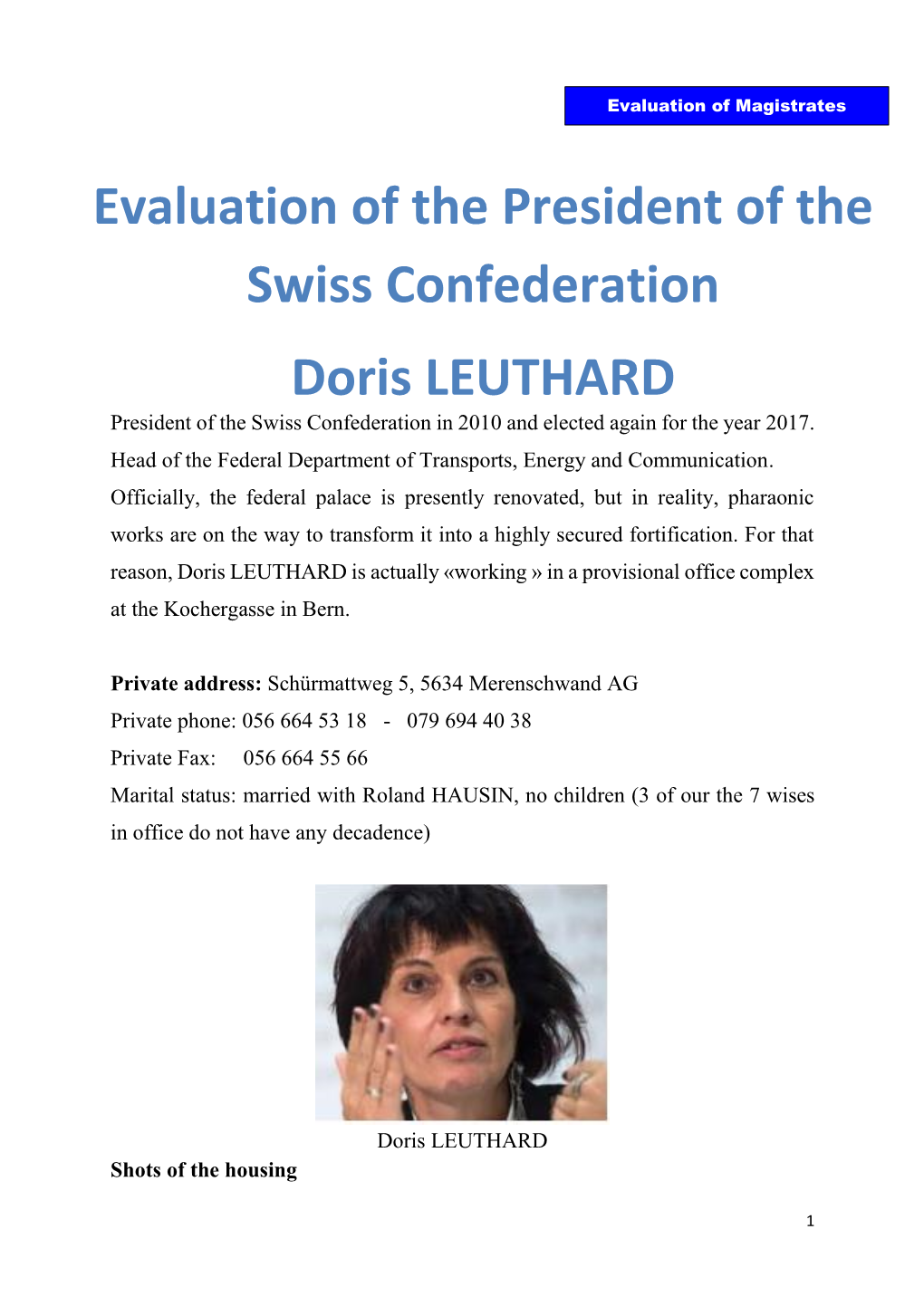 Evaluation of the President of the Swiss Confederation Doris LEUTHARD