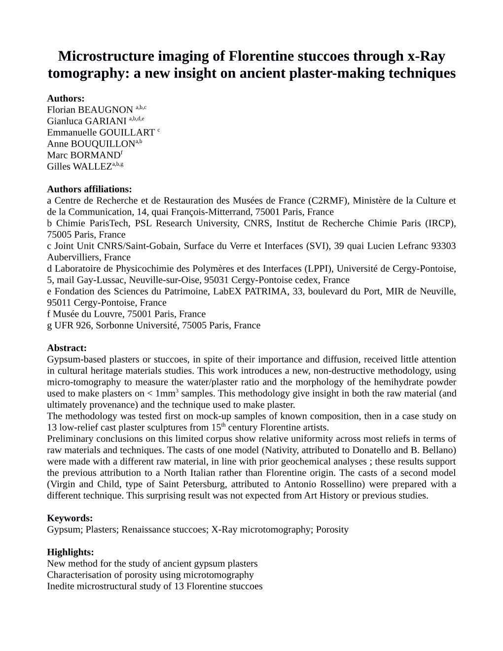 Microstructure Imaging of Florentine Stuccoes Through X-Ray Tomography: a New Insight on Ancient Plaster-Making Techniques