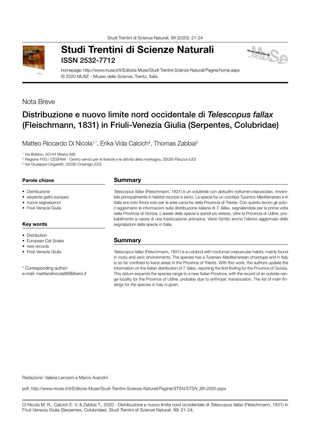 Studi Trentini Di Scienze Naturali, 99 (2020): 21-24