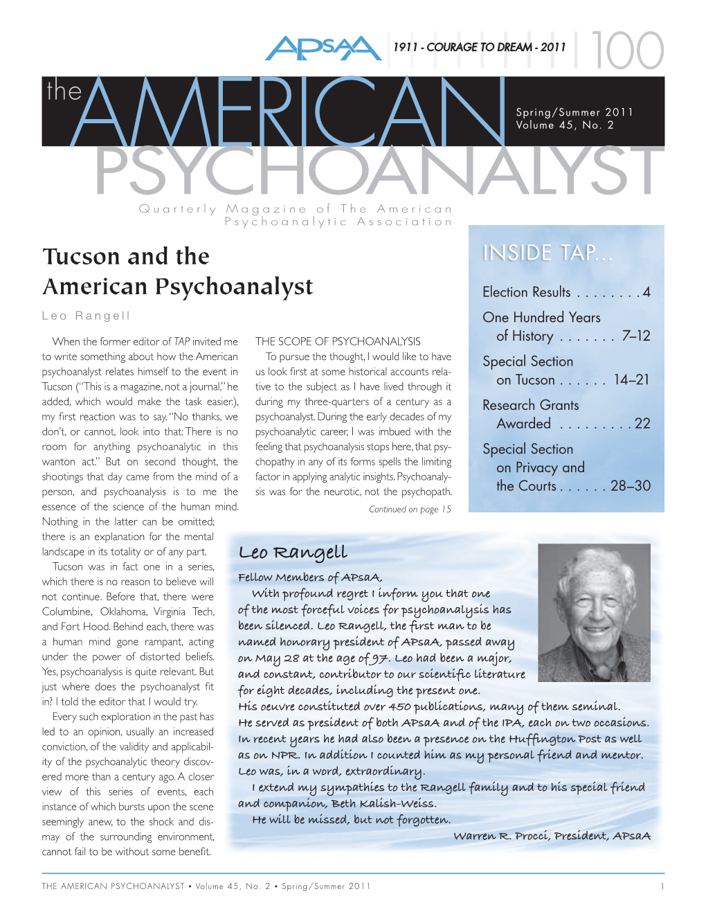 PSYCHOANALYST Quarterly Magazine of the American Psychoanalytic Association Tucson and the INSIDE TAP…