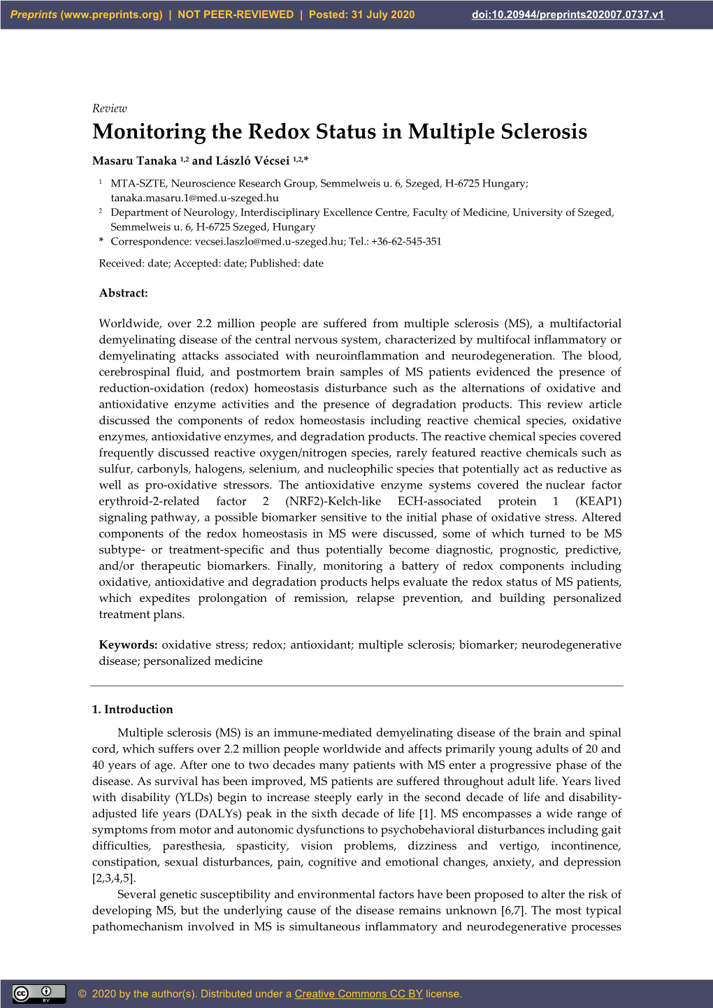 Monitoring the Redox Status in Multiple Sclerosis