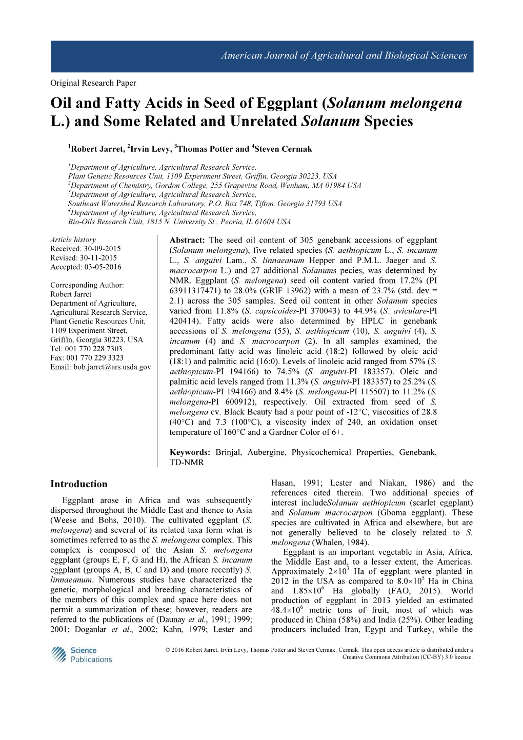 Oil and Fatty Acids in Seed of Eggplant (Solanum Melongena