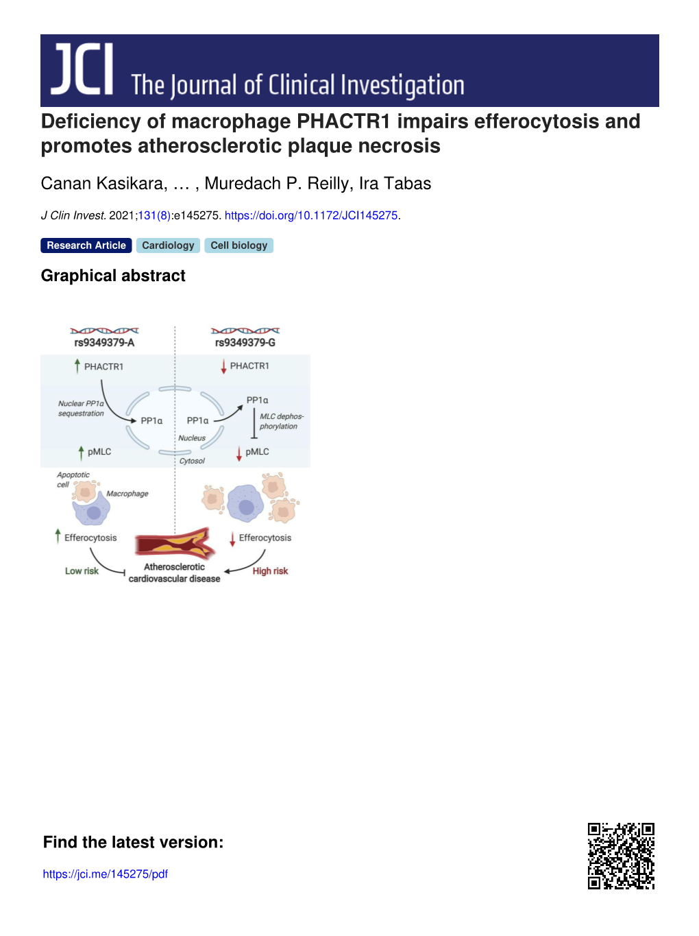 Deficiency of Macrophage PHACTR1 Impairs Efferocytosis and Promotes Atherosclerotic Plaque Necrosis