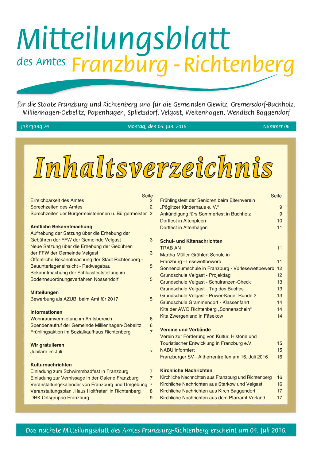 Mitteilungsblatt Des Amtes Franzburg - Richtenberg