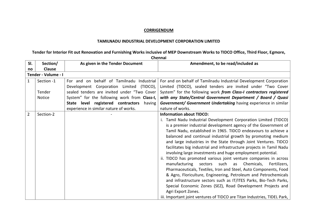 CORRIGENDUM TAMILNADU INDUSTRIAL DEVELOPMENT CORPORATION LIMITED Tender for Interior Fit out Renovation and Furnishing Works