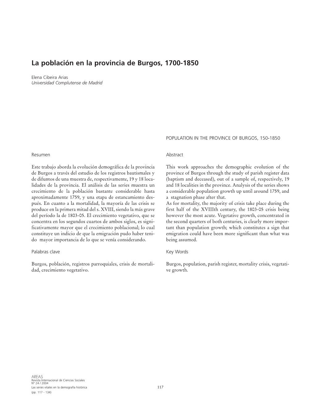 La Población En La Provincia De Burgos, 1700-1850