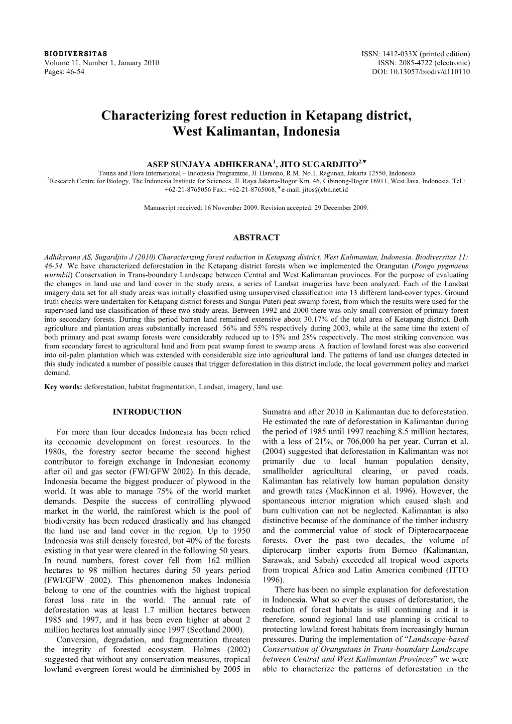 Characterizing Forest Reduction in Ketapang District, West Kalimantan, Indonesia