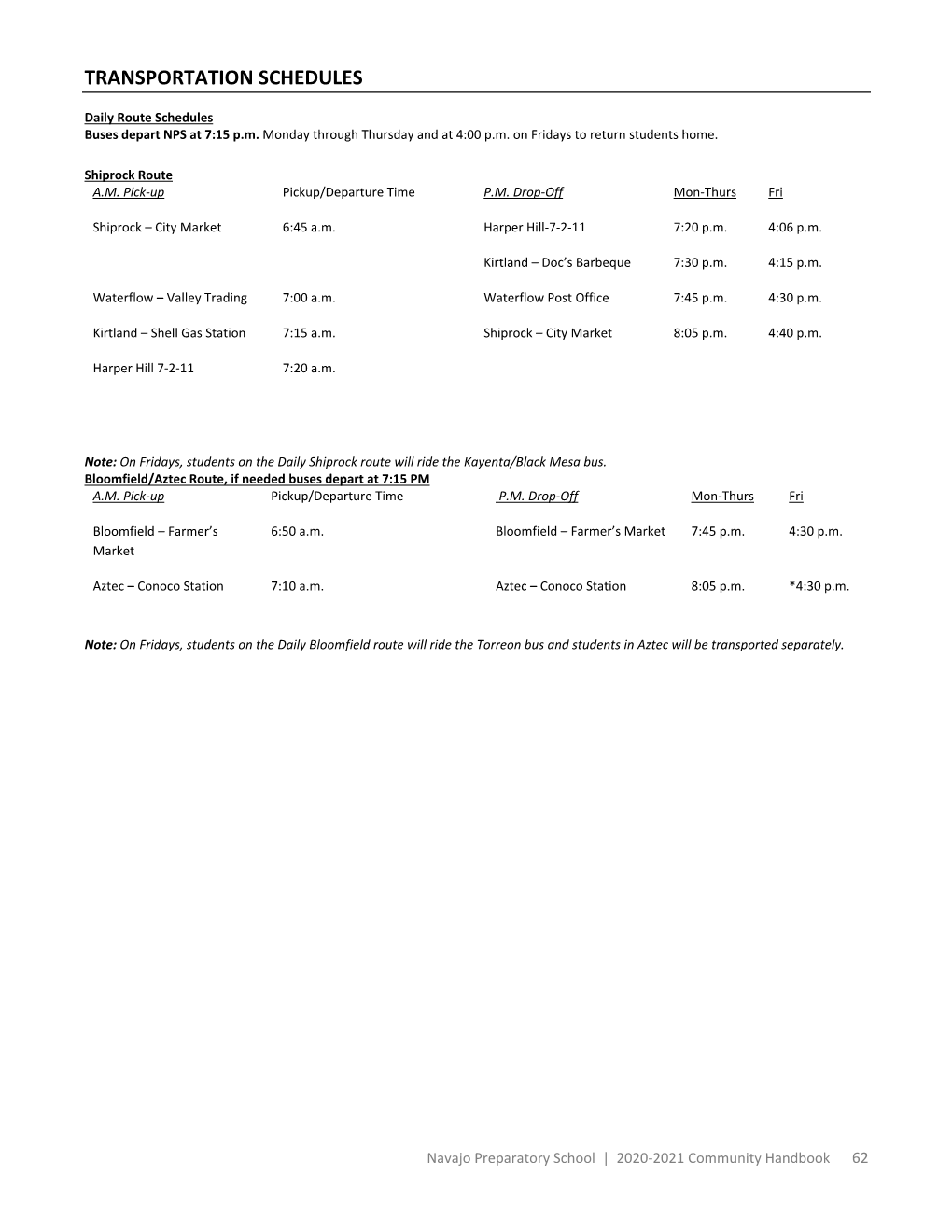 Transportation Schedules