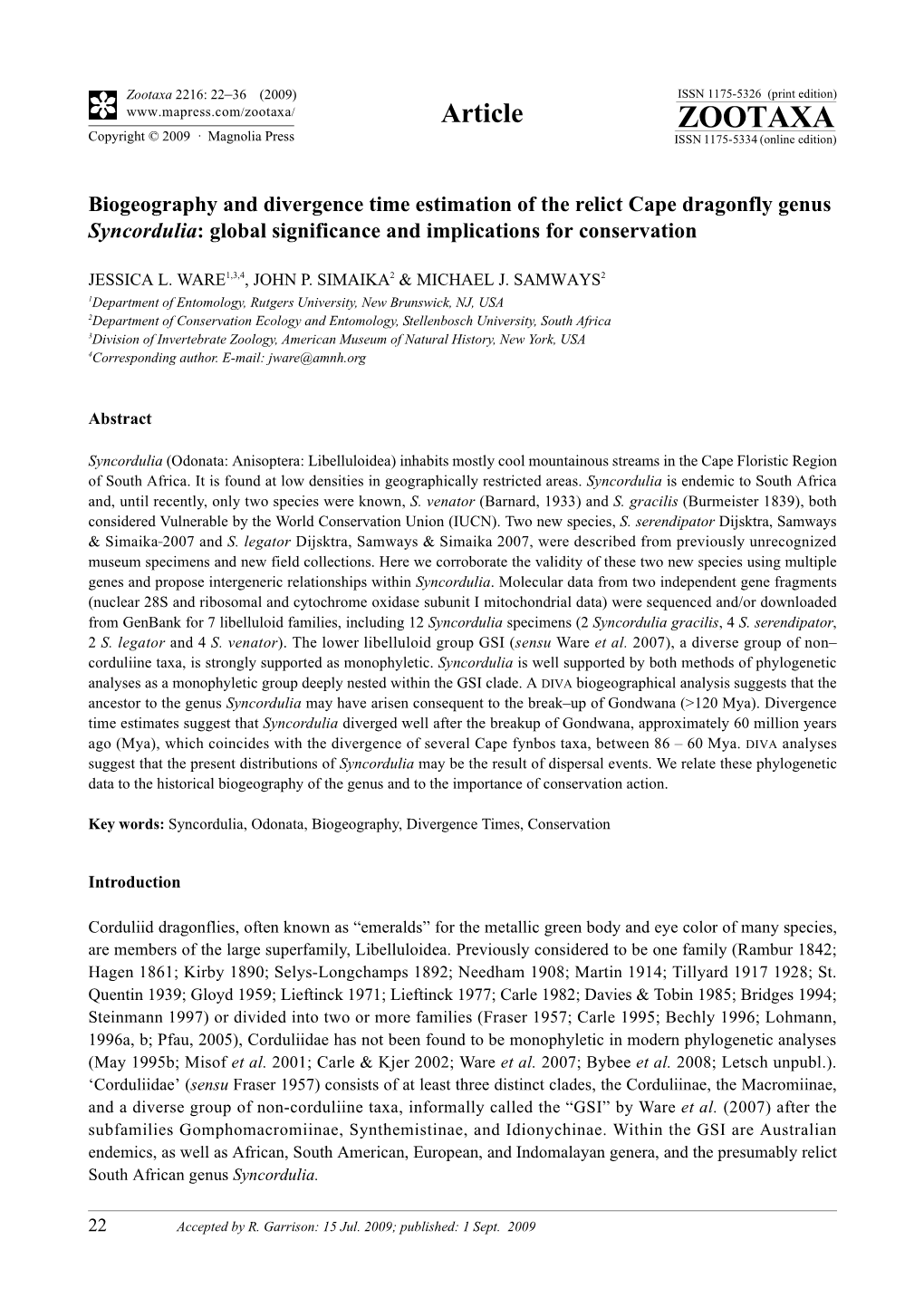 Zootaxa 2216: 22–36 (2009) ISSN 1175-5326 (Print Edition) Article ZOOTAXA Copyright © 2009 · Magnolia Press ISSN 1175-5334 (Online Edition)