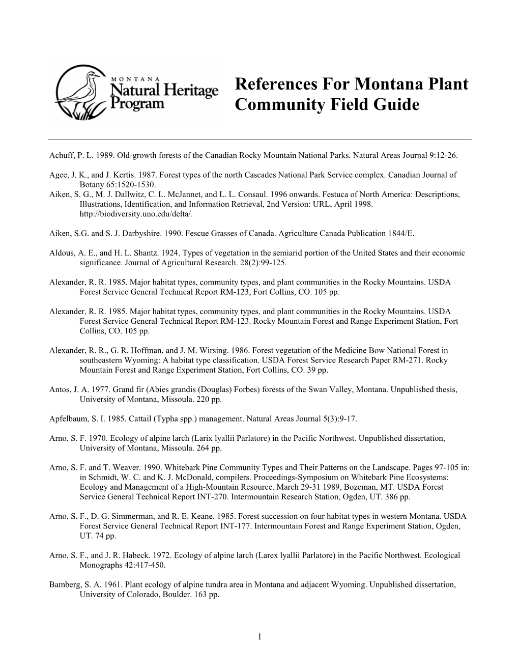 References for Montana Plant Community Field Guide