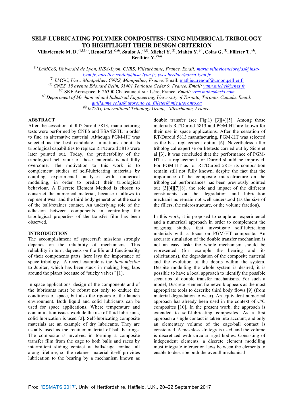 SELF-LUBRICATING POLYMER COMPOSITES: USING NUMERICAL TRIBOLOGY to HIGHTLIGHT THEIR DESIGN CRITERION Villavicencio M