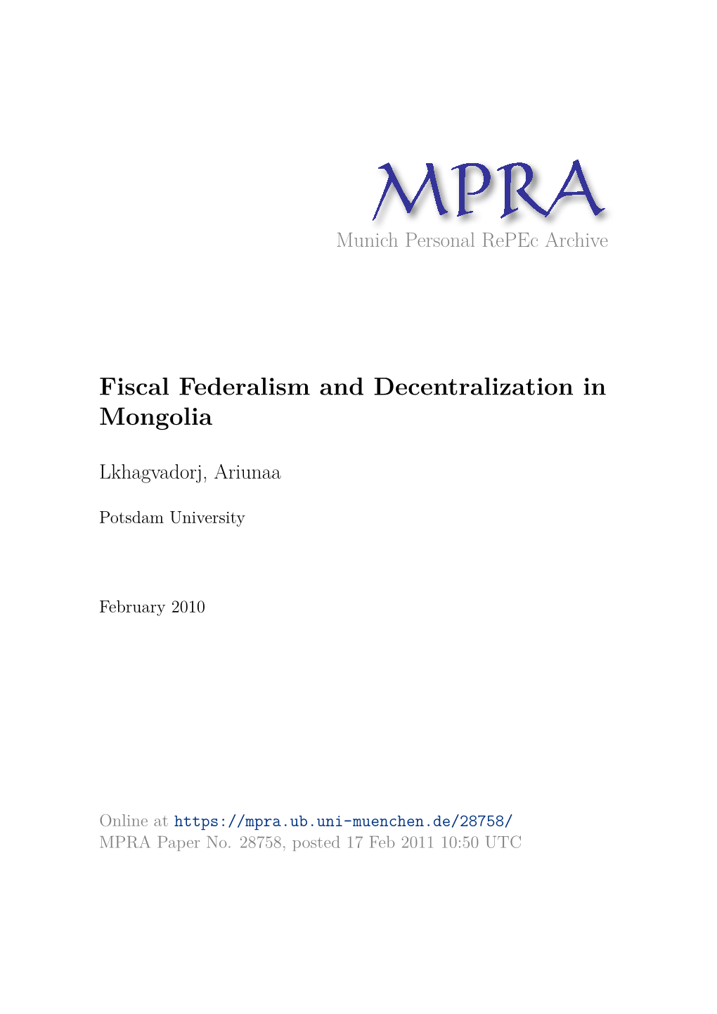 Fiscal Federalism and Decentralization in Mongolia