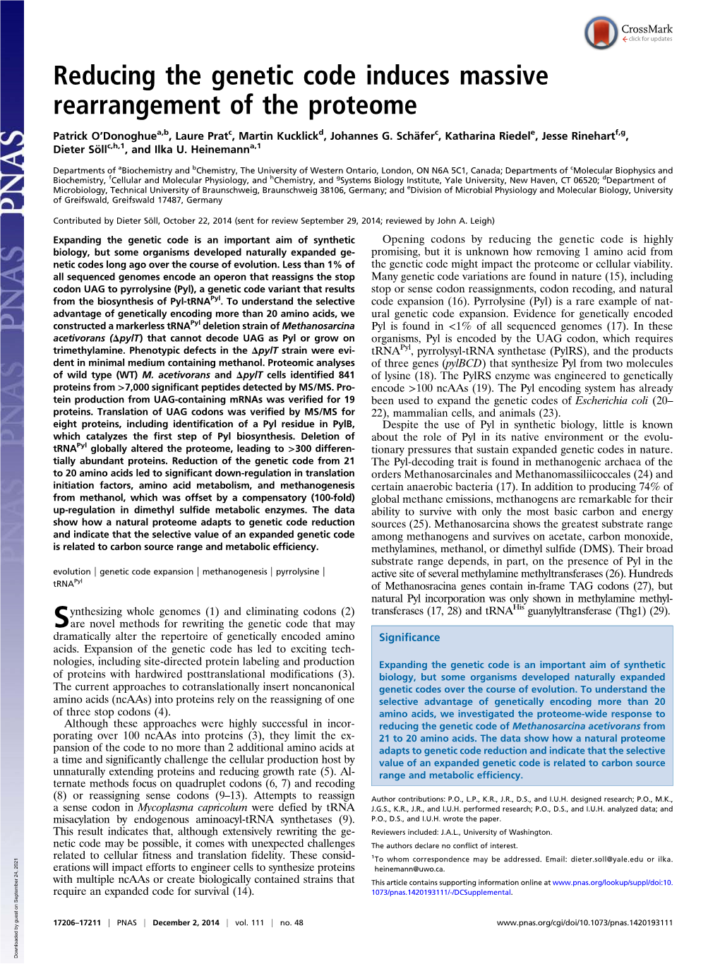 Reducing the Genetic Code Induces Massive Rearrangement of the Proteome