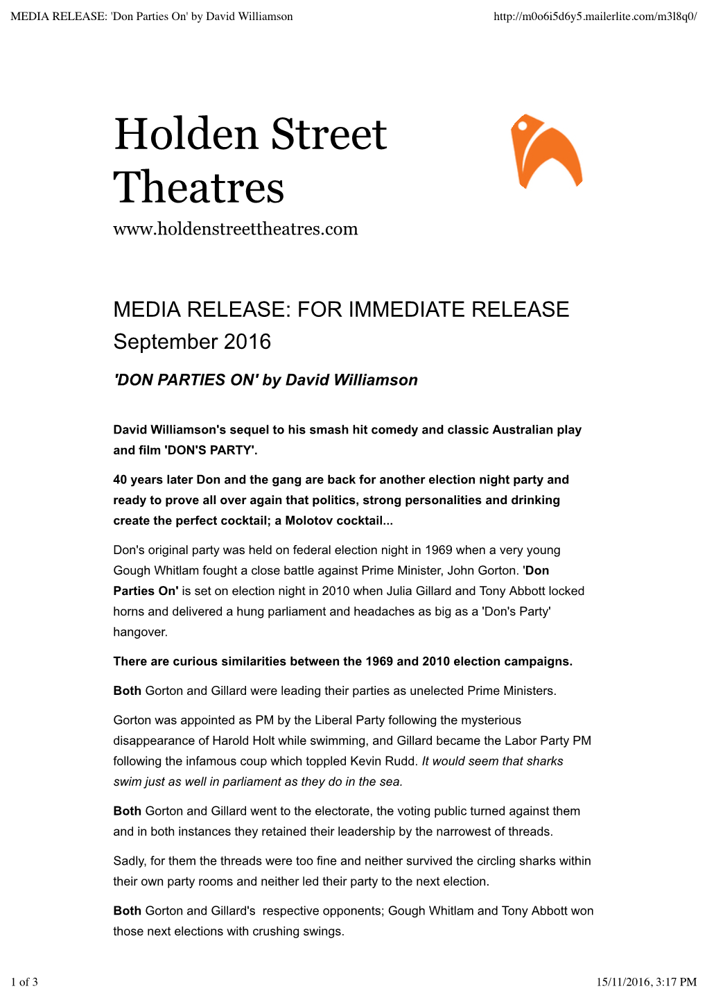 MEDIA RELEASE: 'Don Parties On' by David Williamson