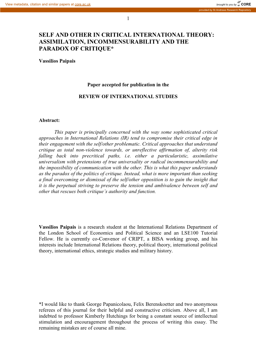 Self and Other in Critical International Theory: Assimilation, Incommensurability and the Paradox of Critique*