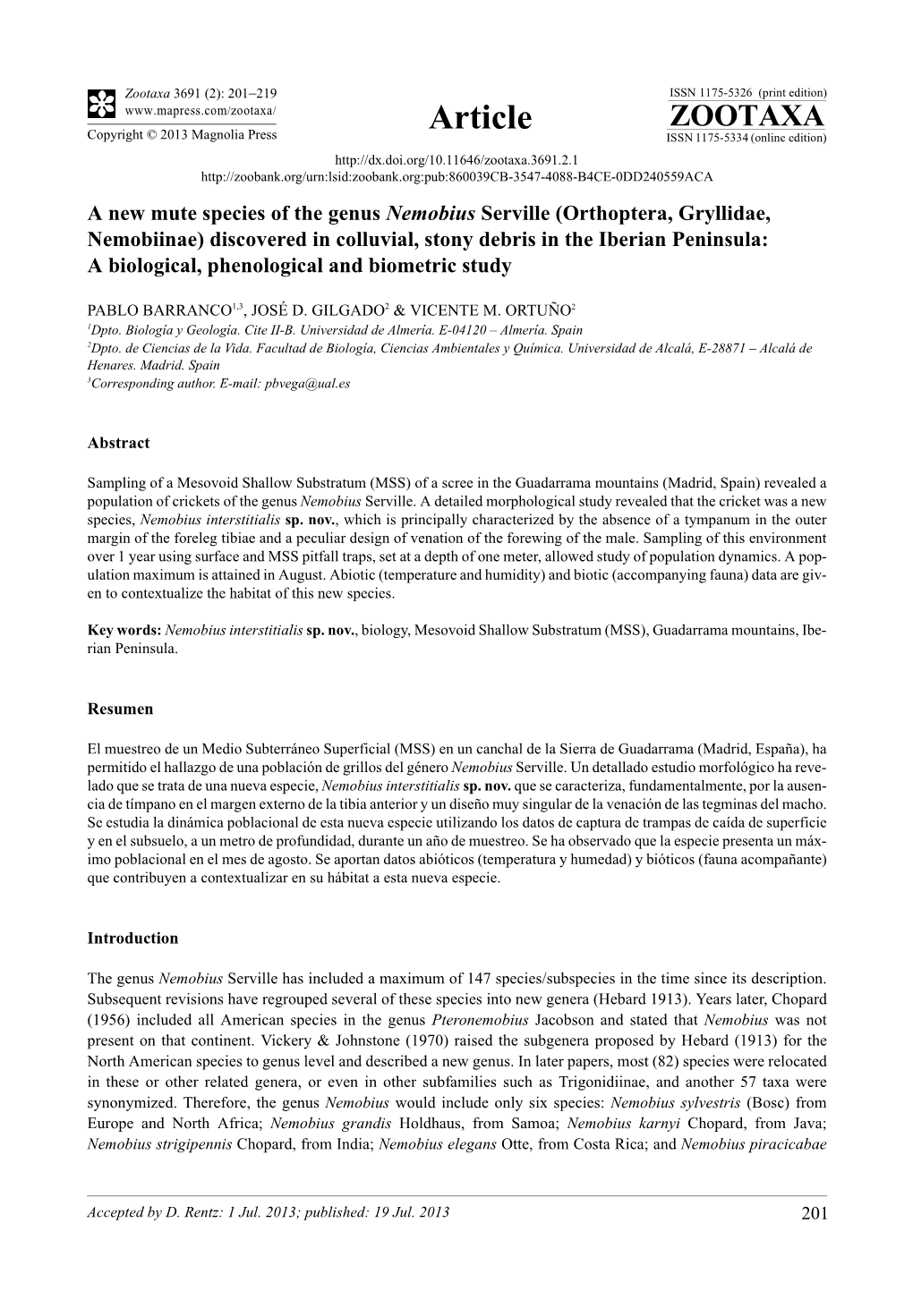 Orthoptera, Gryllidae, Nemobiinae) Discovered in Colluvial, Stony Debris in the Iberian Peninsula: a Biological, Phenological and Biometric Study