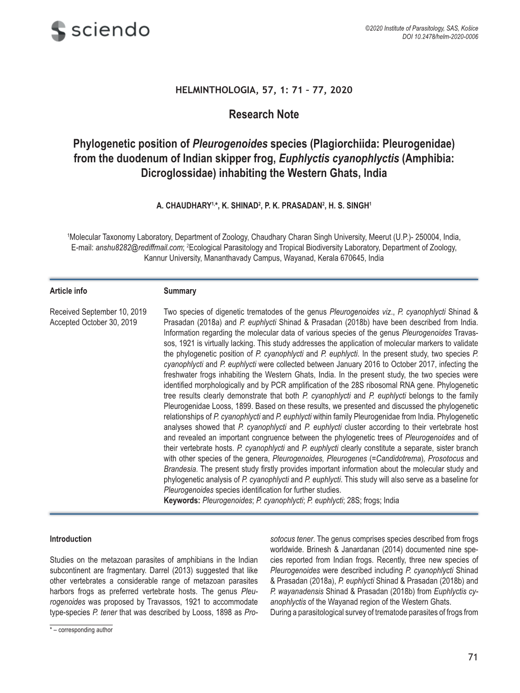 Research Note Phylogenetic Position of Pleurogenoides Species