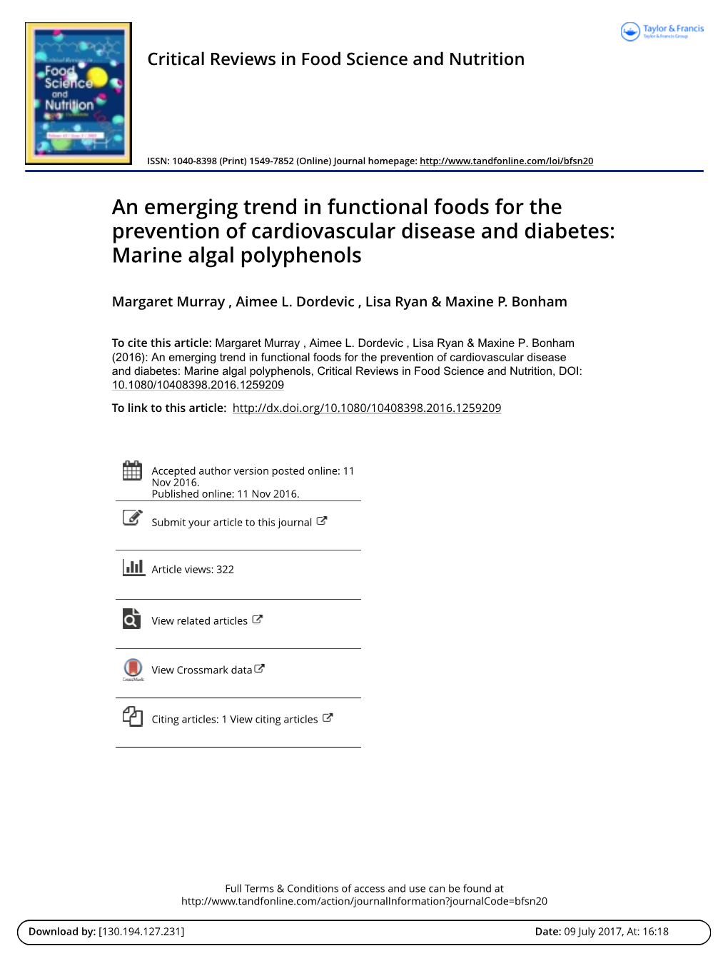 An Emerging Trend in Functional Foods for the Prevention of Cardiovascular Disease and Diabetes: Marine Algal Polyphenols