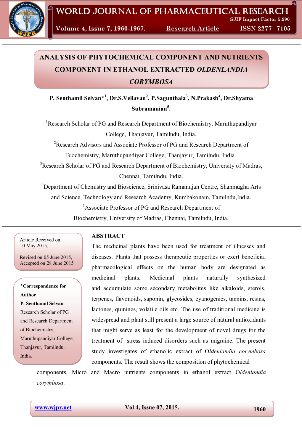 World Journal of Pharmaceutical Research Senthamil Selvan Et Al