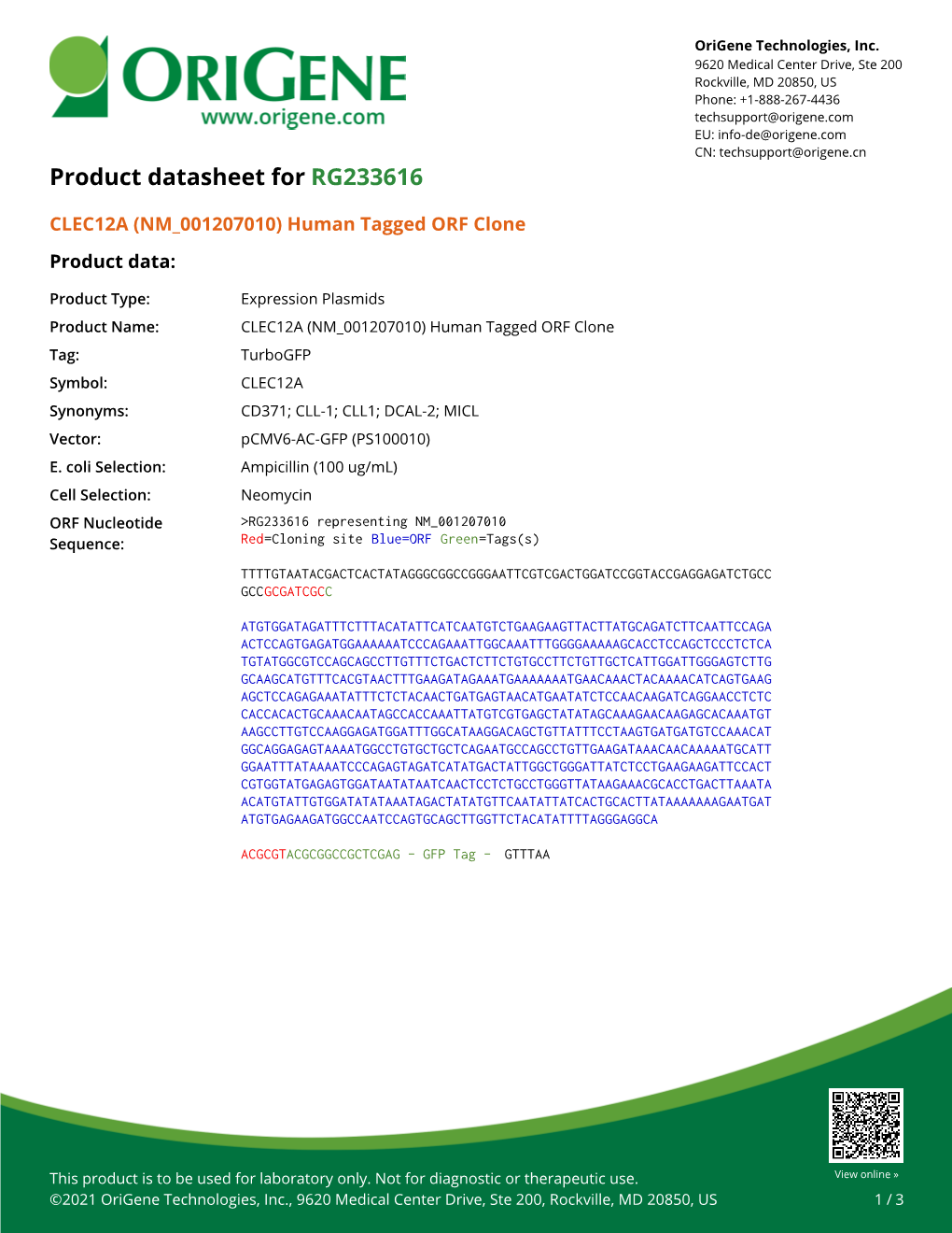 CLEC12A (NM 001207010) Human Tagged ORF Clone Product Data