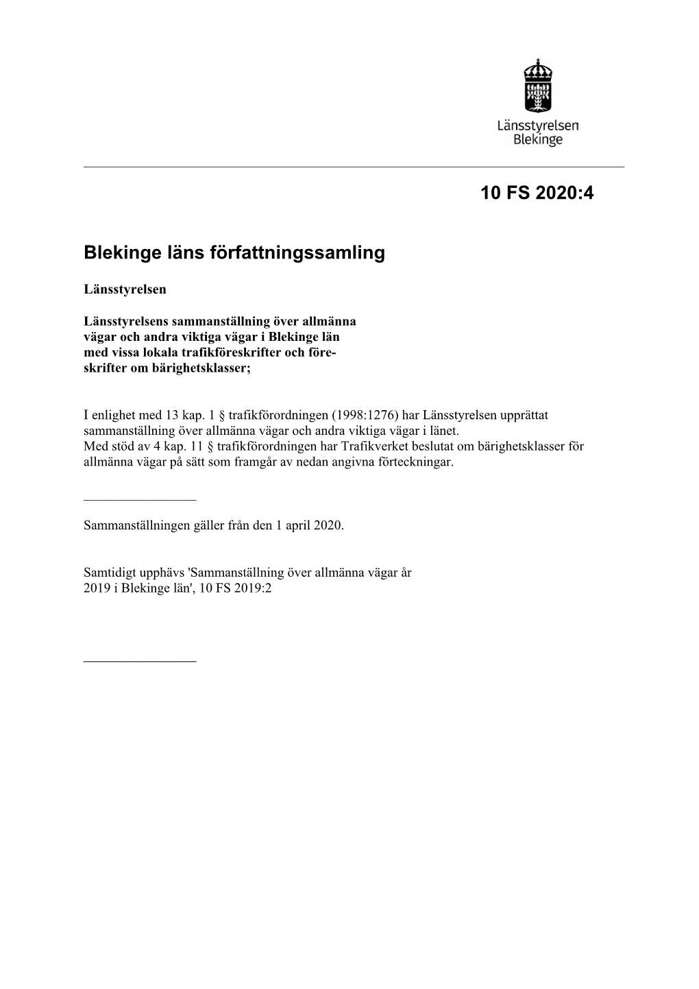 10 FS 2020:4 Blekinge Läns Författningssamling