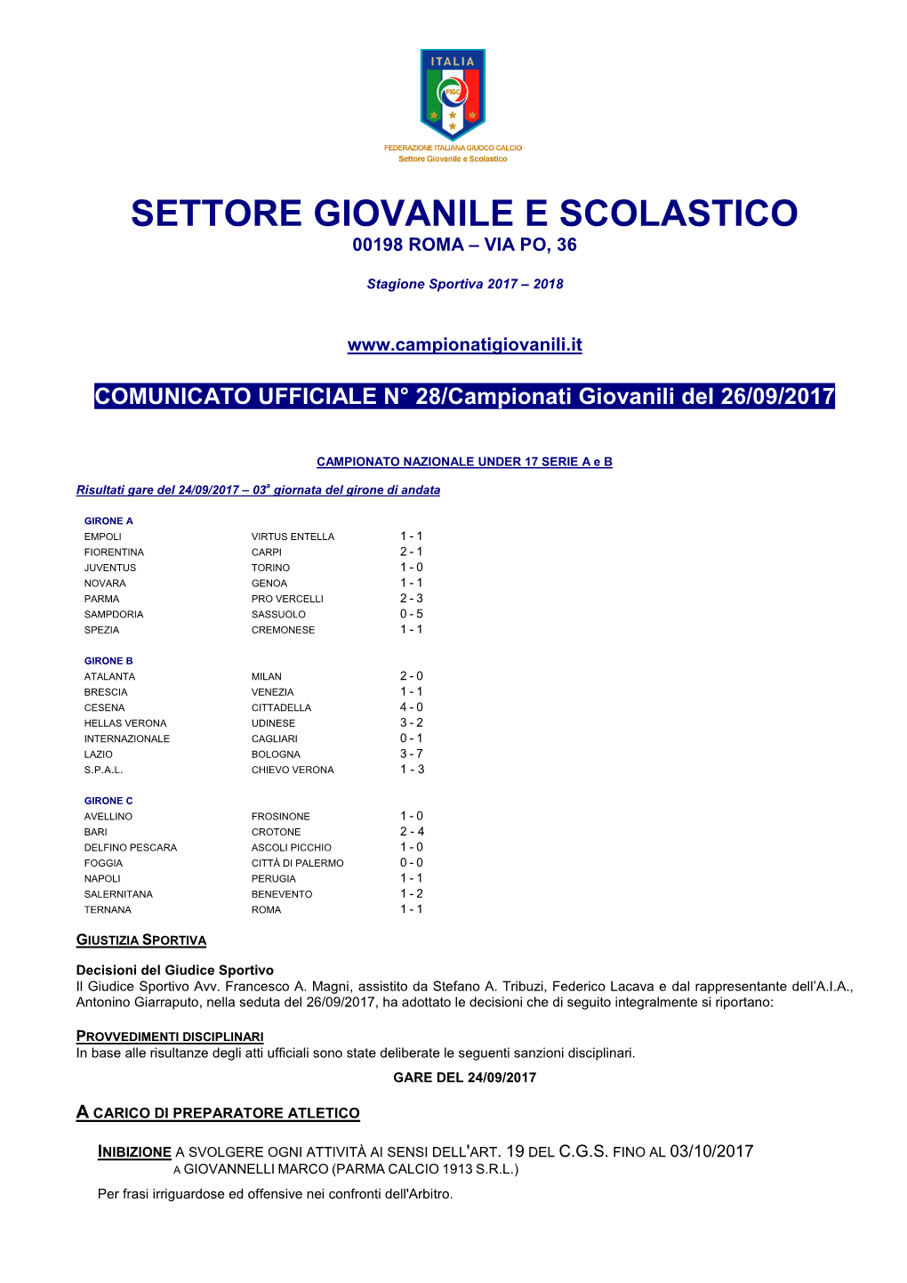 Settore Giovanile E Scolastico 00198 Roma – Via Po, 36