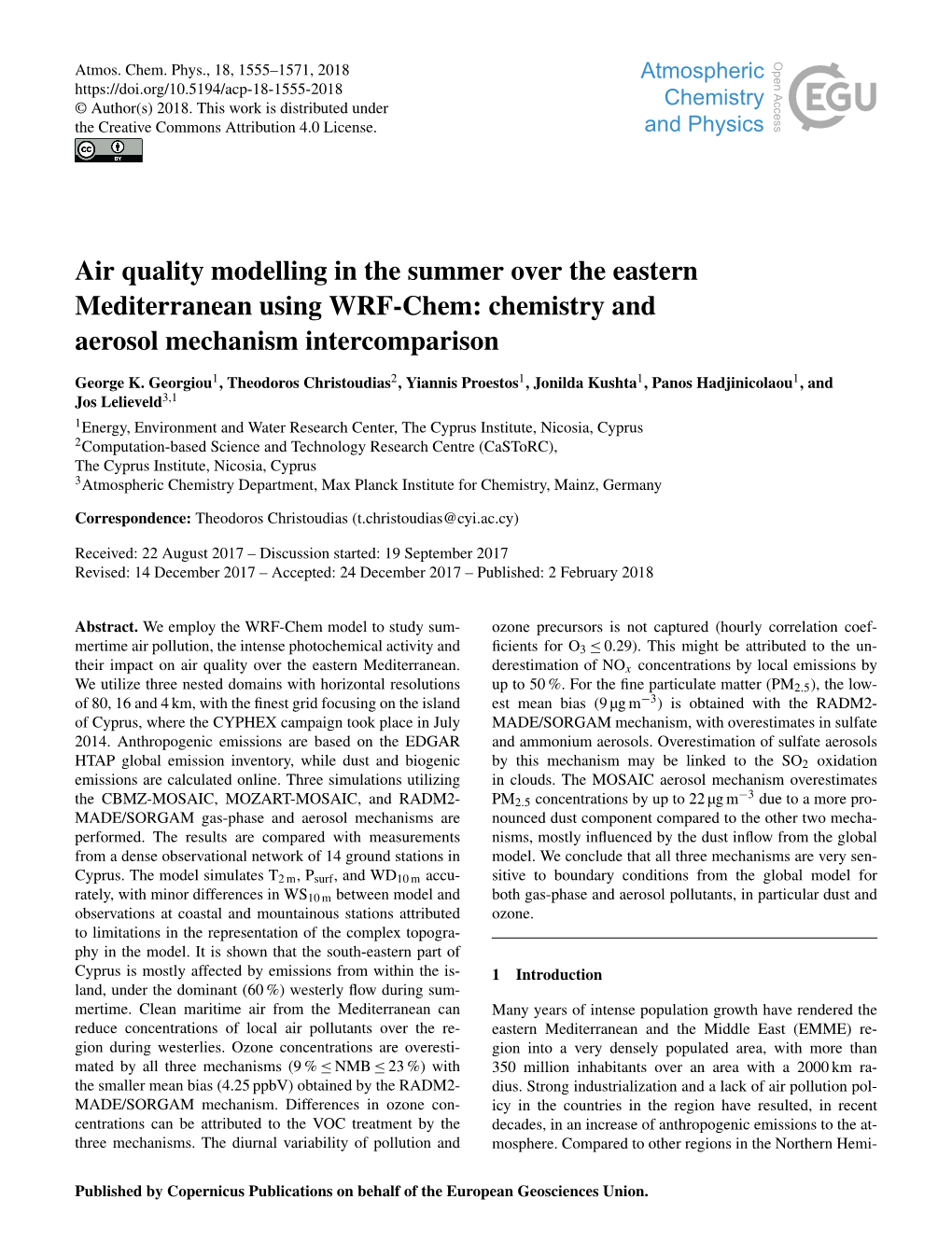 Air Quality Modelling in the Summer Over the Eastern Mediterranean Using WRF-Chem: Chemistry and Aerosol Mechanism Intercomparison