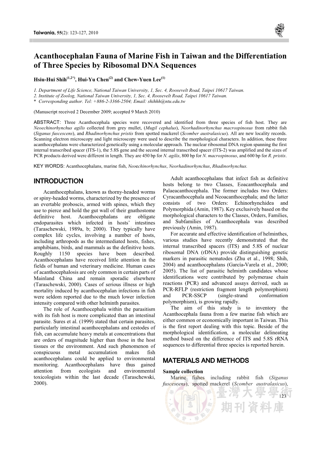 Acanthocephalan Fauna of Marine Fish in Taiwan and the Differentiation of Three Species by Ribosomal DNA Sequences