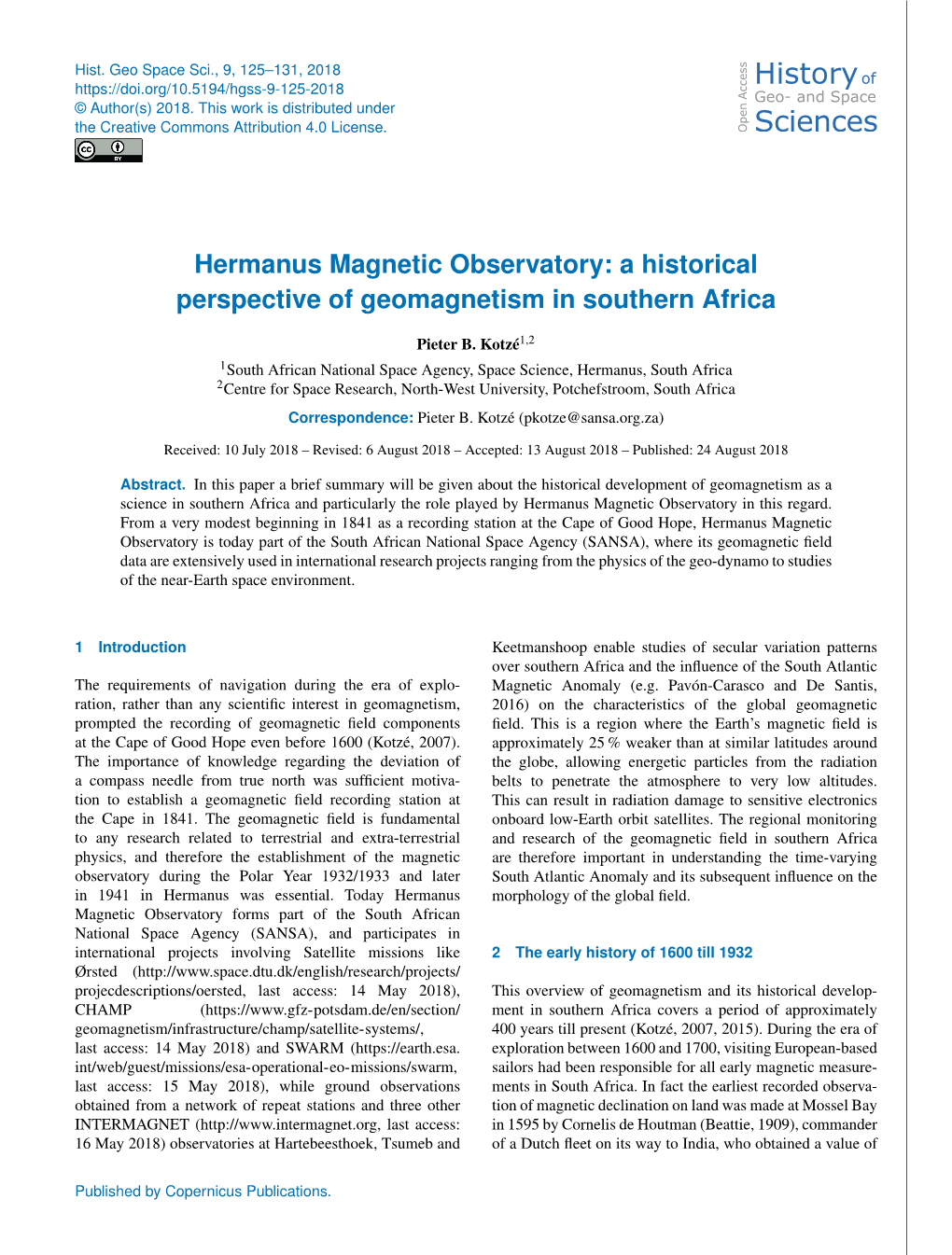 Hermanus Magnetic Observatory: a Historical Perspective of Geomagnetism in Southern Africa