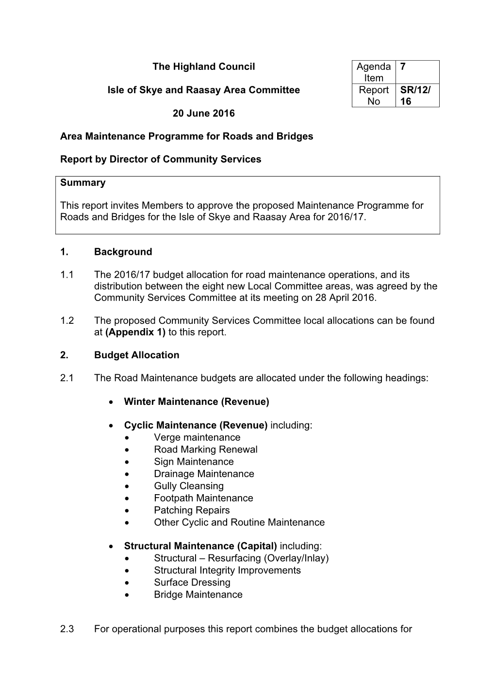 Area Maintenance Programme for Roads and Bridges