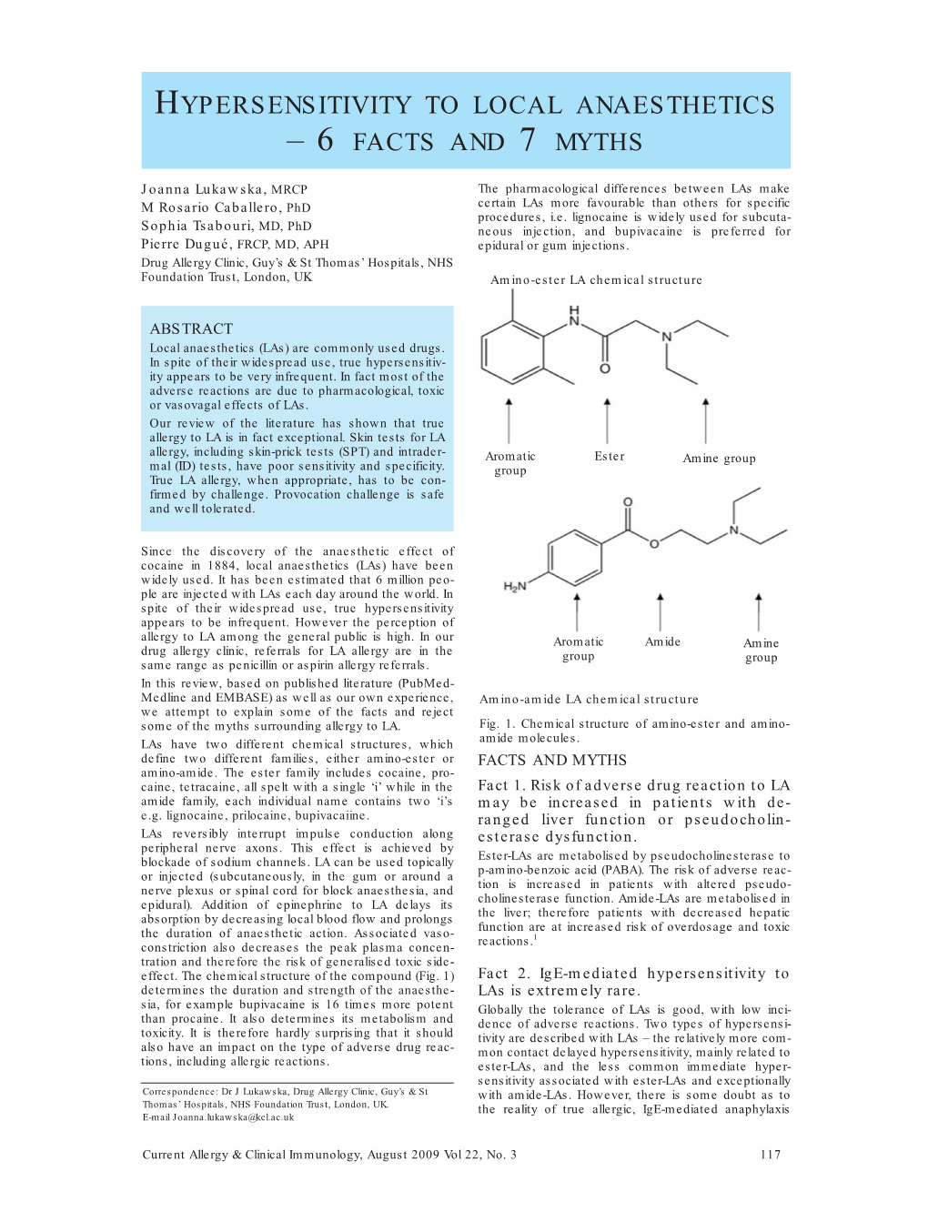 Hypersensitivity to Local Anaesthetics – 6 Facts and 7 Myths