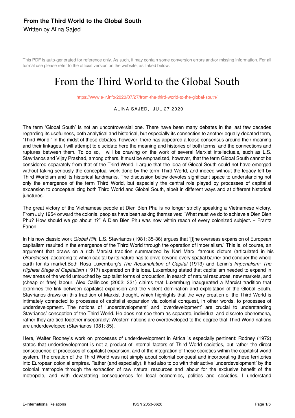 From the Third World to the Global South Written by Alina Sajed
