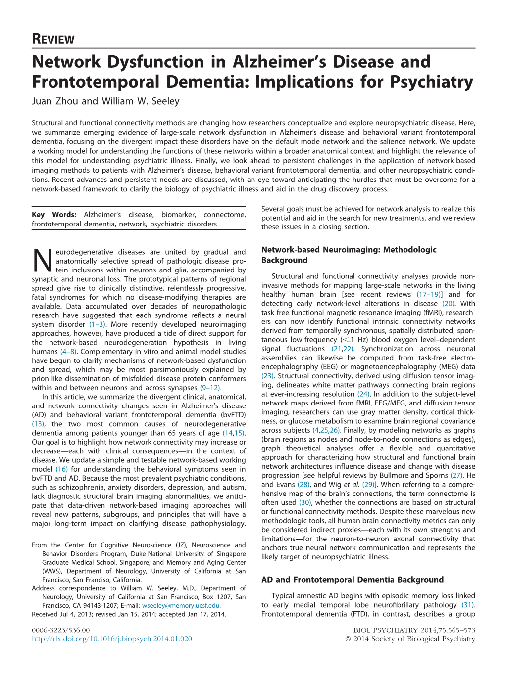 Network Dysfunction in Alzheimer's Disease and Frontotemporal