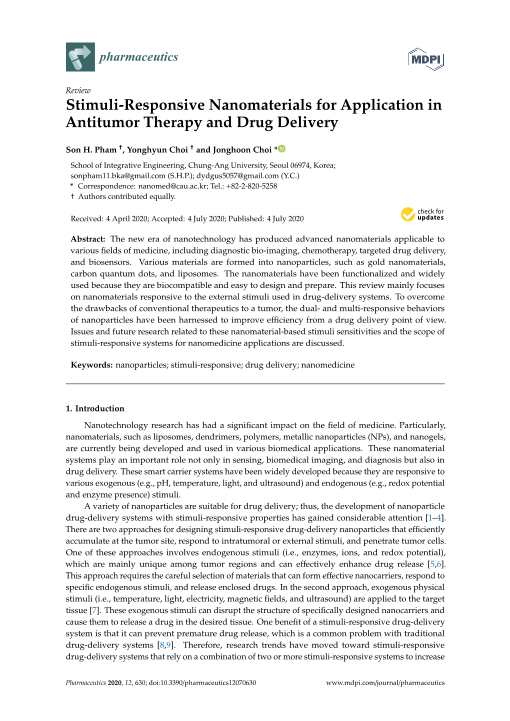 Stimuli-Responsive Nanomaterials for Application in Antitumor Therapy and Drug Delivery