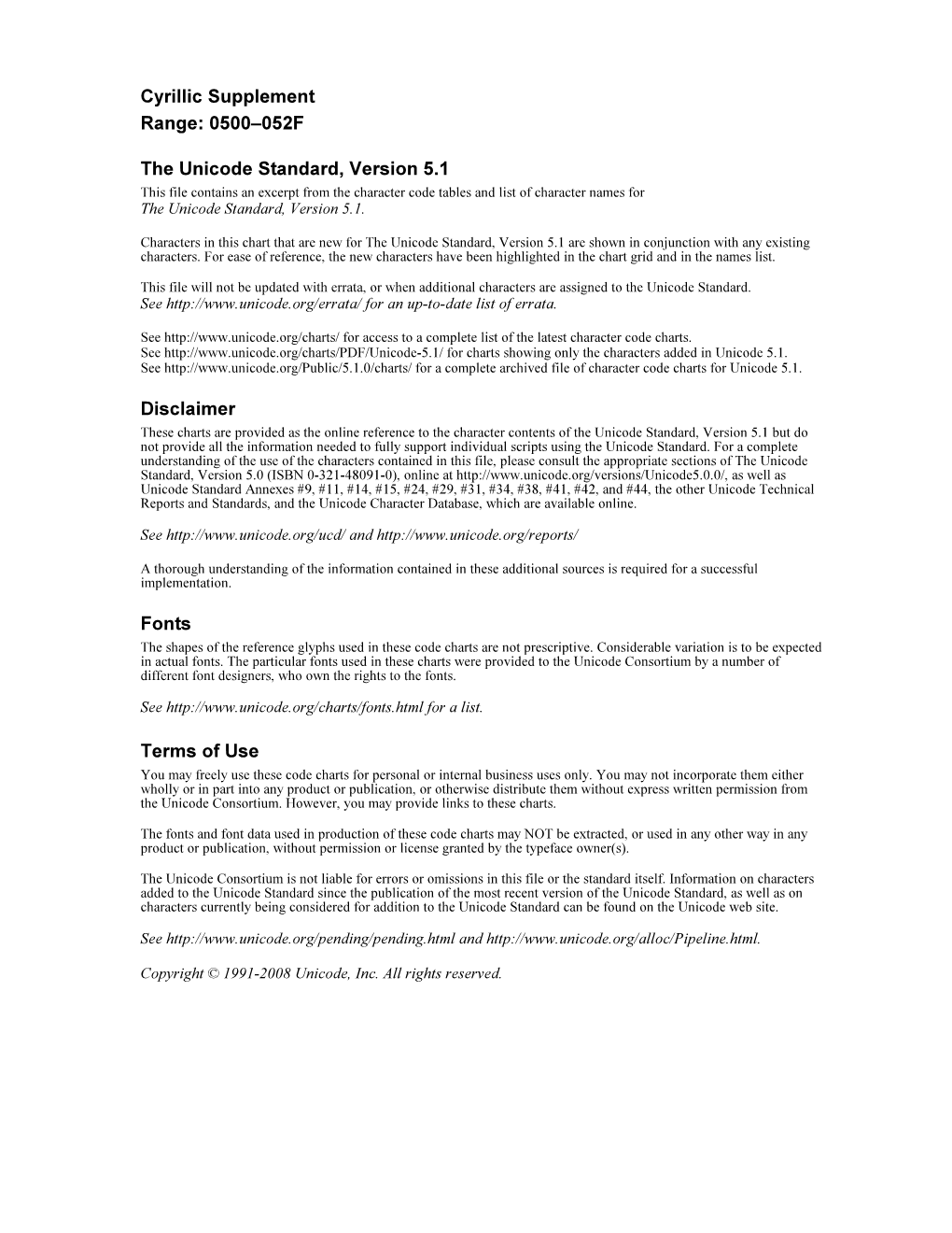 The Unicode Standard 5.1 Code Charts